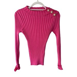 Drole de Copine Pink Ribbed Crew Neck Sweater Size S Chic Pearl Button French